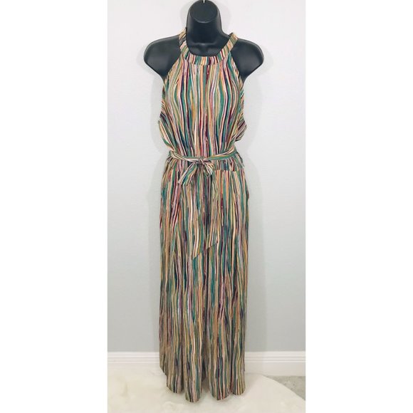 Promesa Pants - PROMESA Multicolor Wide Leg Belted Jumpsuit Crepe Stripe, M